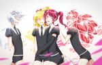  4others ahoge androgynous blonde_hair closed_eyes colored_eyelashes elbow_gloves gem_uniform_(houseki_no_kuni) gloves goshenite_(houseki_no_kuni) hair_ribbon hand_on_another&#039;s_shoulder heliodor_(houseki_no_kuni) highres houseki_no_kuni long_hair morganite_(houseki_no_kuni) necktie open_mouth pink_hair red_beryl_(houseki_no_kuni) red_eyes redhead ribbon short_hair silver_hair smile spoilers twintails white_hair 