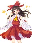  1girl :d bow brown_hair detached_sleeves eyebrows_visible_through_hair floating_hair hair_between_eyes hair_bow hair_tubes hakurei_reimu hand_on_hip head_tilt highres long_hair monrooru open_mouth red_bow red_eyes red_shirt red_skirt ribbon-trimmed_sleeves ribbon_trim sarashi shirt simple_background skirt smile solo standing touhou white_background 