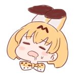  1girl =_= animal_ears batta_(ijigen_debris) blush_stickers bow bowtie chibi closed_eyes commentary drooling ears_down eyebrows_visible_through_hair face facing_viewer kemono_friends open_mouth orange_hair orange_neckwear serval_(kemono_friends) serval_ears serval_print short_hair simple_background solo sweatdrop white_background 