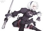  1girl absurdres akawoud black_dress black_hairband blue_eyes boots cleavage_cutout dress feather-trimmed_sleeves fighting_stance hairband high_heel_boots high_heels highres holding holding_sword holding_weapon juliet_sleeves long_sleeves nier_(series) nier_automata no_blindfold pink_lips puffy_sleeves reverse_grip signature silver_hair sword thigh-highs thigh_boots thighhighs_under_boots thighs weapon yorha_no._2_type_b 
