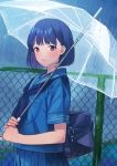  1girl bag bangs blue_hair blue_neckwear blue_sailor_collar blue_serafuku blue_shirt blue_skirt blush chain-link_fence closed_mouth commentary_request doushimasho eyebrows_visible_through_hair fence highres holding holding_umbrella looking_at_viewer neckerchief original outdoors pleated_skirt rain red_eyes sailor_collar school_bag school_uniform serafuku shirt short_hair short_sleeves skirt sky solo transparent transparent_umbrella umbrella 