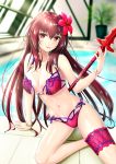  1girl bikini blush breasts fate/grand_order fate_(series) flower gae_bolg hair_flower hair_ornament hibiscus highres holding holding_weapon indoors large_breasts leg_garter long_hair looking_at_viewer momoyume_rin nail_polish navel pink_bikini pool poolside purple_bikini purple_hair red_eyes rei_no_pool scathach_(fate/grand_order) scathach_(swimsuit_assassin)_(fate) solo swimsuit thigh_strap weapon 