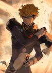  1boy backlighting beret black_bodysuit blonde_hair bodysuit bracer capelet closed_mouth cowboy_shot darling_in_the_franxx explosion expressionless glasses gloves gorou_(darling_in_the_franxx) hat high_collar holding holding_hat long_sleeves looking_at_viewer male_focus pilot_suit purple-framed_eyewear skin_tight solkorra solo standing twitter_username v-shaped_eyebrows white_gloves yellow_eyes 