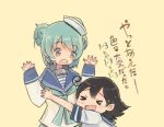  &gt;_&lt; 2girls ahoge aqua_hair arms_up brown_eyes brown_hair closed_eyes comic hat hug kantai_collection long_sleeves multiple_girls open_mouth otoufu sailor_hat samuel_b._roberts_(kantai_collection) school_uniform serafuku short_sleeves smile surprised tears translation_request ushio_(kantai_collection) yellow_background 