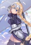  1girl :o arm_up armor armored_dress bangs black_bow black_legwear blonde_hair blue_eyes blue_sky blush bow braid breasts clouds commentary_request day dress eyebrows_visible_through_hair fate/apocrypha fate/grand_order fate_(series) feathers gauntlets hair_between_eyes hair_bow head_tilt headpiece highres holding izumo_neru jeanne_d&#039;arc_(fate) jeanne_d&#039;arc_(fate)_(all) long_hair looking_at_viewer looking_to_the_side medium_breasts outdoors parted_lips purple_dress sky solo thigh-highs very_long_hair 