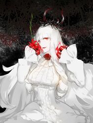  1girl breasts commentary dress flower hime_cut horns kantai_collection large_breasts lips long_hair long_sleeves looking_at_viewer lycoris_hime nello_(luminous_darkness) rose shinkaisei-kan smile solo spider_lily very_long_hair white_dress white_hair 