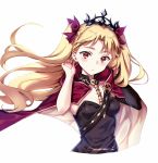  1girl asymmetrical_sleeves bangs black_dress blonde_hair blush bow breasts cape cleavage cropped_torso dress ereshkigal_(fate/grand_order) eyebrows_visible_through_hair fate/grand_order fate_(series) floating_hair hair_bow hands_up head_tilt long_hair long_sleeves looking_at_viewer medium_breasts multicolored multicolored_cape multicolored_clothes no_earrings parted_bangs purple_bow red_cape red_eyes simple_background single_detached_sleeve skull solo spine strapless strapless_dress tiara two_side_up very_long_hair white_background yellow_cape zhi_(yammycheese) 