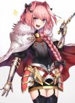  1boy :d armor astolfo_(fate) black_bow black_ribbon bow braid fang fate/apocrypha fate/grand_order fate_(series) faulds fur_trim garter_straps gauntlets gloves hair_intakes hair_ribbon highres holding holding_sword holding_weapon jacket_on_shoulders long_braid male_focus multicolored_hair open_mouth otoko_no_ko pink_hair red_sailor_collar ribbon sailor_collar single_braid smile streaked_hair sword thigh-highs trap violet_eyes weapon yukihama 