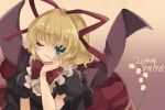  1girl blonde_hair blue_eyes eyebrows_visible_through_hair flower hair_ribbon hand_on_own_cheek lily_of_the_valley looking_at_viewer medicine_melancholy medium_hair one_eye_closed puffy_short_sleeves puffy_sleeves red_ribbon red_skirt ribbon short_sleeves skirt smile touhou xxskmks 