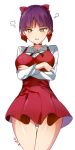  1girl ass_visible_through_thighs bangs bow breasts choker cowboy_shot crossed_arms dress gegege_no_kitarou hair_bow hair_bun kkis-i long_sleeves looking_at_viewer nekomusume nekomusume_(gegege_no_kitarou_6) open_mouth pinafore_dress pointy_ears purple_hair red_bow red_choker red_dress shirt simple_background skirt slit_pupils solo thigh_gap white_background white_shirt yellow_eyes 