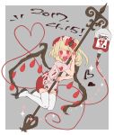  1girl :d alternate_costume between_legs black_footwear blonde_hair blood blood_bag bloody_clothes blush bow dress fangs flandre_scarlet full_body hair_bow hat heart heart_of_string highres laevatein long_hair masanaga_(tsukasa) nurse nurse_cap open_mouth red_bow red_eyes shoes short_sleeves side_ponytail smile solo sparkle thigh-highs touhou white_legwear zettai_ryouiki 