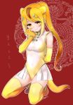  1girl animal_ears anklet arm_behind_back bangle blonde_hair bracelet character_name circlet dragon eastern_dragon elbow_gloves extra_ears eyebrows_visible_through_hair gloves golden_snub-nosed_monkey_(kemono_friends) groin highleg highleg_leotard highres impossible_clothes impossible_leotard jewelry kantaka kemono_friends leotard long_hair long_ponytail looking_at_viewer monkey_ears monkey_tail red_background signature sitting sleeveless smile solo tail thigh-highs very_long_hair yellow_eyes yellow_gloves yellow_legwear 