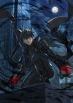  1boy amamiya_ren black_cape black_clothes black_hair black_pants cape full_moon gloves gun hair_between_eyes holding holding_gun holding_weapon lloule male_focus mask moon night one_knee outdoors pants persona persona_5 red_gloves smile solo violet_eyes weapon 