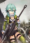  1girl aqua_eyes aqua_hair black_gloves black_shorts breasts cleavage clouds fingerless_gloves gloves green_jacket green_legwear grey_scarf gun hair_between_eyes hair_ornament hairclip highres holding holding_gun holding_weapon insoom jacket leotard looking_at_viewer medium_breasts open_clothes open_jacket open_mouth outdoors pgm_hecate_ii ruins scarf shinon_(sao) short_hair_with_long_locks short_shorts shorts sidelocks solo sword_art_online thigh-highs thigh_strap torn_scarf weapon 