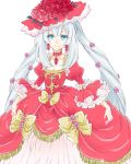  1girl blue_eyes bow choker closed_mouth dress dress_bow fate/grand_order fate_(series) flower frills fringe hair_flower hair_ornament hat hat_flower juliet_sleeves long_hair long_sleeves looking_at_viewer marie_antoinette_(fate/grand_order) pink_flower pink_rose puffy_sleeves red_dress red_flower red_hat red_neckwear red_rose rose shino-o simple_background smile solo twintails white_background white_hair yellow_bow 