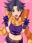  1girl :d battle_tendency belt blush breasts claw_pose fang fingerless_gloves fingernails genderswap genderswap_(mtf) gloves green_eyes hands_up highres jojo_no_kimyou_na_bouken joseph_joestar_(young) kotatsu_(g-rough) large_breasts looking_at_viewer midriff navel open_mouth orange_scarf pink_background purple_background purple_gloves purple_shorts scarf short_hair short_shorts shorts signature simple_background smile solo striped striped_scarf wristband 