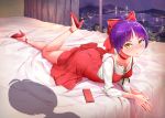  1girl :&lt; ankle_strap ass bangs bare_legs bed blush bow bridge brooch cellphone choker cityscape collarbone crystal_shoujo curtains dress eyebrows_visible_through_hair gegege_no_kitarou hair_bow hair_bun hands_together high_heels indoors jewelry kitarou long_sleeves looking_at_viewer lying nekomusume nekomusume_(gegege_no_kitarou_6) night on_bed on_stomach phone pointy_ears purple_hair red_bow red_choker red_dress red_footwear shadow shirt shoes short_hair smartphone solo_focus white_shirt window yellow_eyes 