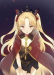  1girl bangs black_dress blonde_hair blush bow cape commentary cowboy_shot crown dress earrings ereshkigal_(fate/grand_order) eyebrows_visible_through_hair fate/grand_order fate_(series) hair_bow infinity jewelry leaning_forward long_hair looking_at_viewer lpip multicolored multicolored_cape multicolored_clothes necklace open_mouth parted_bangs red_bow red_cape red_eyes short_dress single_sleeve solo spine twintails two_side_up yellow_cape 