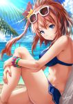  1girl alternate_costume anklet beach blue_eyes bracelet breasts brown_hair clouds day eyewear_on_head flower hair_between_eyes hair_flower hair_ornament highres jewelry kantai_collection large_breasts nail_polish ocean outdoors pink_nails sakiyamama saratoga_(kantai_collection) side_ponytail sidelocks sitting solo sunglasses 