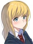  1girl blonde_hair blue_eyes blue_sweater blush closed_mouth collared_shirt commentary_request highres looking_at_viewer necktie original red_neckwear shirt simple_background solo sweater upper_body white_background wing_collar yuki_arare 