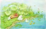 artist_name backpack backpack_removed bag bear bird bow bowtie colored_pencil_(medium) duck duckling flower food grass lily_pad no_humans original outdoors polar_bear sandwich signature sitting st.kuma traditional_media water watercolor_(medium) 