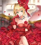  1girl :d ahoge bangs bare_shoulders blonde_hair blurry blurry_background blush bow breasts cleavage collarbone commentary_request couch depth_of_field dress earrings elbow_gloves eyebrows_visible_through_hair fate/extra fate_(series) flower gloves green_eyes hair_between_eyes hair_bow hand_up head_tilt highres indoors jewelry looking_at_viewer medium_breasts momoko_(momopoco) necklace nero_claudius_(fate) nero_claudius_(fate)_(all) on_couch open_mouth petals railing red_bow red_dress red_flower red_gloves red_rose revision rose rose_earrings rose_petals sidelocks sitting smile solo stairs strapless strapless_dress striped striped_bow striped_dress 
