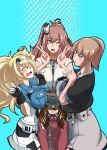  4girls blonde_hair breast_envy breast_rest breasts breasts_on_head brown_hair gambier_bay_(kantai_collection) highres intrepid_(kantai_collection) kantai_collection large_breasts long_hair multiple_girls ponytail ramsus ryuujou_(kantai_collection) saratoga_(kantai_collection) short_hair side_ponytail tears twintails v 