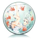  1girl air_bubble artist_name blue_eyes bubble commentary_request dress fish glass goldfish haruki_(colorful_macaron) highres legs_up original plant reflection solo underwater water white_dress white_hair 