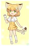  1girl :d adapted_costume animal_ears blonde_hair bow cat_ears cat_tail commentary dated extra_ears full_body gloves green_eyes hair_between_eyes hair_bow hand_up highres kemono_friends kneehighs looking_at_viewer open_mouth outline print_skirt puffy_short_sleeves puffy_sleeves sand_cat_(kemono_friends) sand_cat_print shiraha_maru shirt shoes short_hair short_sleeves signature simple_background single_glove skirt smile solo tail tail_bow white_gloves white_legwear white_outline white_shirt yellow_background yellow_skirt 