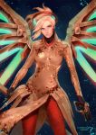  1girl alternate_costume backlighting blonde_hair blue_background blue_eyes bodysuit breasts brown_bodysuit cowboy_shot dual_wielding faulds fortune_mercy glowing glowing_wings green_wings gun handgun high_ponytail highres holding holding_gun holding_staff holding_weapon light_particles lips looking_at_viewer mechanical_halo mechanical_wings medium_breasts mercy_(overwatch) nose overwatch pantyhose pelvic_curtain pistol randgris red_legwear solo staff weapon wings 