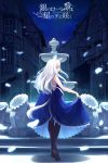  1girl absurdres black_legwear blue_dress closed_mouth dress fantasy fountain from_behind highres long_hair looking_away looking_to_the_side night night_sky original pantyhose red_eyes sagiri_(ulpha220) scenery sky smile solo star_(sky) starry_sky very_long_hair white_hair 