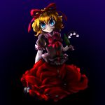  bags_under_eyes blonde_hair blue_eyes creepy_eyes doll eyelashes flower frills hair_ribbon highres holding holding_flower horror_(theme) inoshin_(inixia1748) kneeling lily_of_the_valley long_eyelashes looking_at_viewer medicine_melancholy medium_hair pale_skin puffy_short_sleeves puffy_sleeves purple_outline red_ribbon ribbon short_sleeves smile touhou white_ribbon white_skin 