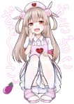  &gt;_&lt; 1girl :d absurdres apron bandage bandaged_arm bangs blush bunny_hair_ornament center_frills collared_shirt commentary_request eggplant eyebrows_visible_through_hair fang frills hair_between_eyes hair_ornament hand_on_own_knee hand_up hashiko_nowoto hat head_tilt heart highres light_brown_hair long_hair looking_at_viewer natori_sana nurse_cap open_mouth pigeon-toed pink_apron pink_footwear pink_hat pleated_skirt puffy_short_sleeves puffy_sleeves sana_channel shirt shoes short_sleeves skirt smile solo squatting thigh-highs translation_request two_side_up very_long_hair virtual_youtuber white_background white_legwear white_shirt white_skirt 