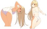  1girl ass bangs bent_over blonde_hair blush bra breasts from_behind hair_tucking highres mythra_(xenoblade) icarus_(632247131) large_breasts long_hair looking_at_viewer looking_back multiple_views panties sidelocks simple_background swept_bangs underwear underwear_only v-shaped_eyebrows white_background white_bra white_panties xenoblade_(series) xenoblade_2 yellow_eyes 