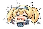  &gt;_&lt; blonde_hair blue_shirt blush chibi collared_shirt commentary_request crying d: flying_sweatdrops gambier_bay_(kantai_collection) gloves hairband kantai_collection lolicept open_mouth shirt simple_background tears twintails white_background white_gloves wing_collar 