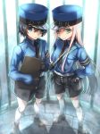  1boy 1girl belt black_gloves black_hair black_neckwear black_shorts blue_eyes blue_hat blue_shirt caroline_(persona_5) clipboard commentary_request cosplay couple darling_in_the_franxx eyepatch fringe gloves green_eyes hand_on_hip hat herozu_(xxhrd) hetero highres hiro_(darling_in_the_franxx) holding holding_clipboard holding_weapon justine_(persona_5) long_hair looking_at_viewer necktie peaked_cap persona persona_5 pink_hair police police_hat police_uniform shirt shoes short_hair shorts sleeves_past_wrists socks uniform weapon white_legwear zero_two_(darling_in_the_franxx) 