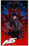  1boy absurdres amamiya_ren arsene_(persona_5) black_hair black_jacket black_pants copyright_name gloves grey_shirt gun highres holding holding_gun holding_weapon jacket long_hair male_focus mask open_clothes open_jacket pants persona persona_5 red_eyes red_gloves shirt solo weapon xinuo223 