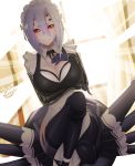  1girl absurdres alternate_costume arachne artist_name black_gloves black_legwear blacksaikou blush breast_hold breasts carapace cleavage cleavage_cutout dutch_angle elbow_gloves enmaided extra_eyes eyebrows_visible_through_hair gloves hair_between_eyes hand_on_own_chest highres insect_girl large_breasts lavender_hair looking_at_viewer maid maid_headdress medium_hair monster_girl monster_musume_no_iru_nichijou no_pants no_pupils rachnera_arachnera red_eyes smile solo spider_girl sunlight thigh-highs window 