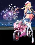  1girl :d blonde_hair blue_eyes blue_gloves blue_skirt boots breasts clothes_writing commentary_request elbow_gloves fireworks flower full_body gloves green_ribbon ground_vehicle hair_flower hair_ornament hair_ribbon hat highres honda large_breasts long_hair midriff motor_vehicle motorcycle navel one_side_up open_mouth original racequeen ribbon rose saitou_sakae shirt skirt sleeveless sleeveless_shirt smile solo stopwatch thigh-highs thigh_boots very_long_hair watch white_hat white_legwear 