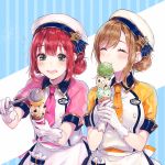  2girls ^_^ alternate_hairstyle apron aqua_eyes bangs beret blue_ribbon blush brown_hair closed_eyes commentary_request double-breasted double_bun double_scoop eating flying_sweatdrops food gloves hat hat_ribbon highres ice_cream ice_cream_cone ice_cream_spoon kunikida_hanamaru kurosawa_ruby love_live! love_live!_sunshine!! multiple_girls name_tag necktie open_mouth pink_neckwear redhead ribbon sash short_sleeves sidelocks star_hat_ornament striped striped_ribbon sudach_koppe tie_clip triple_scoop white_gloves yellow_neckwear 