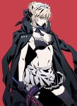  1girl apron artoria_pendragon_(all) bikini black_bikini black_gloves black_legwear black_neckwear black_ribbon blonde_hair braid breasts closed_mouth coat commentary_request contrapposto dark_excalibur detached_collar fate/grand_order fate_(series) frilled_bikini frills gloves hair_bun highres holding holding_sword holding_weapon jacket_on_shoulders legs_apart looking_at_viewer maid_apron maid_bikini medium_breasts navel neck_ribbon red_background ribbon saber_alter simple_background solo standing swimsuit sword tenobe thigh-highs waist_apron weapon yellow_eyes 