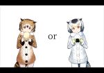  2girls :t absurdres blonde_hair bread breasts brown_coat brown_eyes brown_hair coat cowboy_shot eating eurasian_eagle_owl_(kemono_friends) eyebrows_visible_through_hair food food_in_mouth food_on_face frame fur_collar gloves grey_coat grey_hair head_wings highres holding holding_food kemono_friends long_sleeves looking_at_viewer multicolored_hair multiple_girls northern_white-faced_owl_(kemono_friends) onigiri pantyhose rice rice_on_face tail_feathers tamiku_(shisyamo609) white_background white_gloves white_hair white_legwear yellow_gloves 