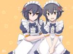  2girls adapted_costume alternate_costume apron black_dress black_hair blush brown_eyes dress enmaided hair_between_eyes highres i-13_(kantai_collection) i-14_(kantai_collection) kantai_collection kusana-ry maid maid_apron maid_headdress multiple_girls open_mouth puffy_short_sleeves puffy_sleeves short_hair short_sleeves sweatdrop waist_apron wrist_cuffs 