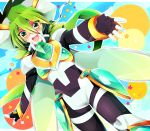  1boy armor blue_sky blush dotted_background fingerless_gloves gloves goggles green_eyes green_hair long_sleeves open_mouth outstretched_arms outstretched_hand rento_(rukeai) saikyou_ginga_ultimate_zero_~battle_spirits~ sky smile spiky_hair star starry_background thigh_strap zero_the_hurricane 