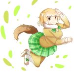  1girl animal_ears arm_up black-tailed_prairie_dog_(kemono_friends) bow brown_hair eyebrows_visible_through_hair fur_collar green_neckwear green_skirt highres kemono_friends long_sleeves looking_at_viewer miniskirt plaid plaid_skirt prairie_dog_ears shoe_bow shoes skirt smile solo tail tamiku_(shisyamo609) thigh-highs white_background white_footwear 