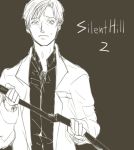  1boy collared_shirt holding holding_pipe jacket james_sunderland limited_palette looking_at_viewer lowres male_focus open_clothes open_collar open_jacket pipe shirt silent_hill silent_hill_2 worried 