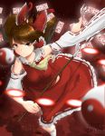  absurdres arms_behind_back breasts bullet card dress falling_card hakurei_reimu highres holding holding_staff looking_at_viewer outstretched_arm red_dress robby_kun short_hair staff touhou 