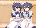  2girls adapted_costume alternate_costume apron black_dress black_hair blush brown_eyes dress enmaided hair_between_eyes highres i-13_(kantai_collection) i-14_(kantai_collection) kantai_collection kusana-ry maid maid_apron maid_headdress multiple_girls open_mouth puffy_short_sleeves puffy_sleeves short_hair short_sleeves sweatdrop waist_apron wrist_cuffs 