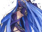  1girl aqua_(fire_emblem_if) back backless_outfit blue_hair dancing detached_sleeves dress fingerless_gloves fire_emblem fire_emblem_heroes fire_emblem_if from_side gloves jewelry kohiu long_hair music necklace open_mouth purple_dress shaded_face singing veil very_long_hair water water_drop 