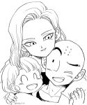  1boy 2girls ;d ^_^ android_18 bald black_eyes close-up closed_eyes commentary couple dragon_ball dragonball_z earrings english_commentary eyelashes face family father_and_daughter fingernails happy hetero hug hug_from_behind image_sample jewelry kuririn looking_at_another marron monochrome mother_and_daughter multiple_girls one_eye_closed open_mouth short_hair simple_background smile tkgsize twitter_sample twitter_username upper_body white_background 